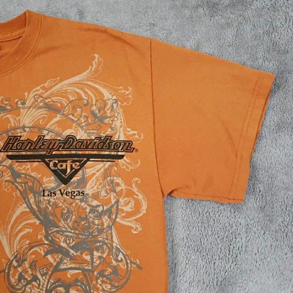 Harley Davidson T Shirt Short Sleeve Las Vegas Cafe Orange Biker Men's Sz L